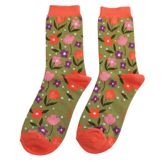 Miss Sparrow Socks Bamboo Floral Feet olive