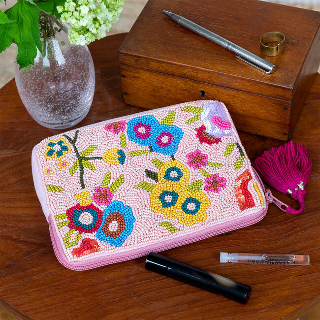 Makeup Bag Beaded Handcrafted Flowers