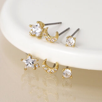 POM Gold plated Stud Set of 3 Star, Moon and Crystal golden