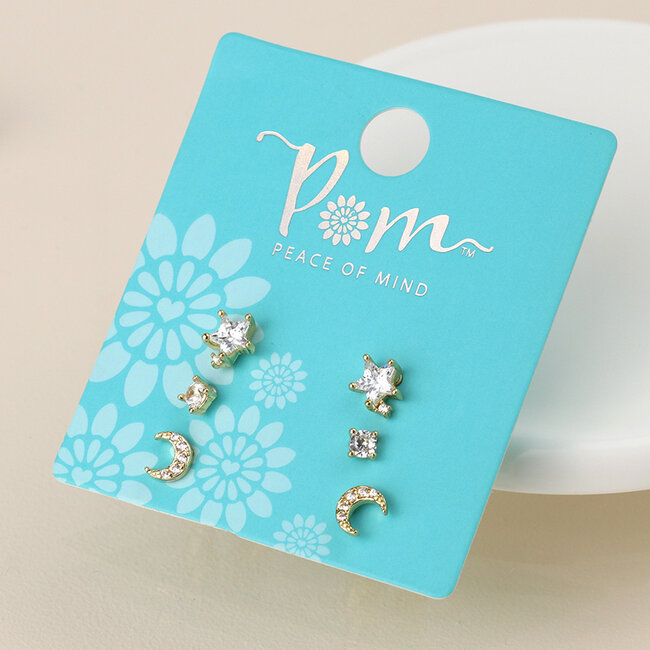 Gold plated Stud Set of 3 Star, Moon and Crystal golden