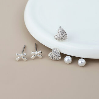 POM Silver plated Stud Set of 3 Bow, crystal Heart and Pearl