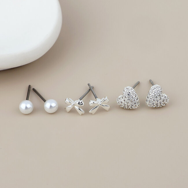 Silver plated Stud Set of 3 Bow, crystal Heart and Pearl