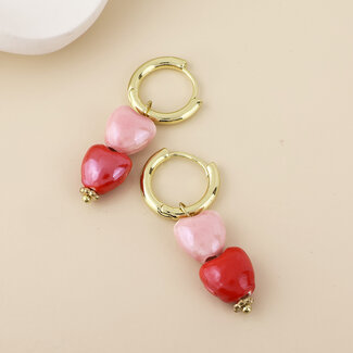 POM 14k gold plated stainless steel Earrings Hoop Heart double pink