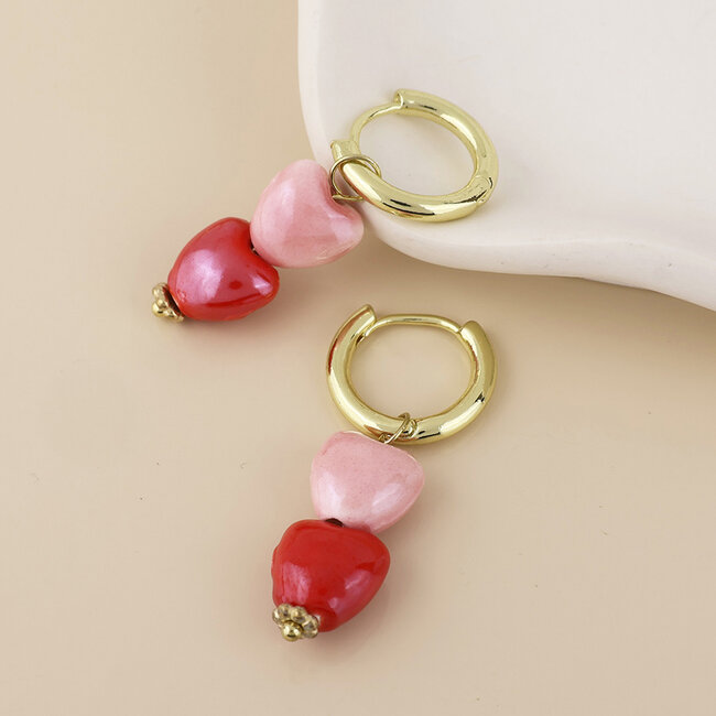 14k gold plated stainless steel Earrings Hoop Heart double pink