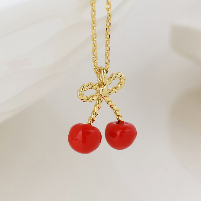 Gold plated Necklace Sakura Enamel Bow and Cherry