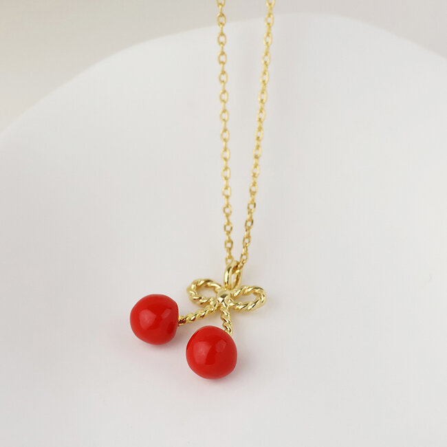 Gold plated Necklace Sakura Enamel Bow and Cherry