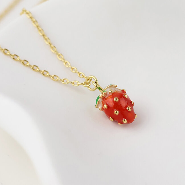 Gold plated Necklace Enamel Fraise Strawberry