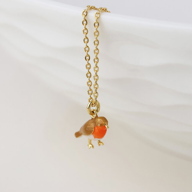 Gold plated Necklace Enamel Robin