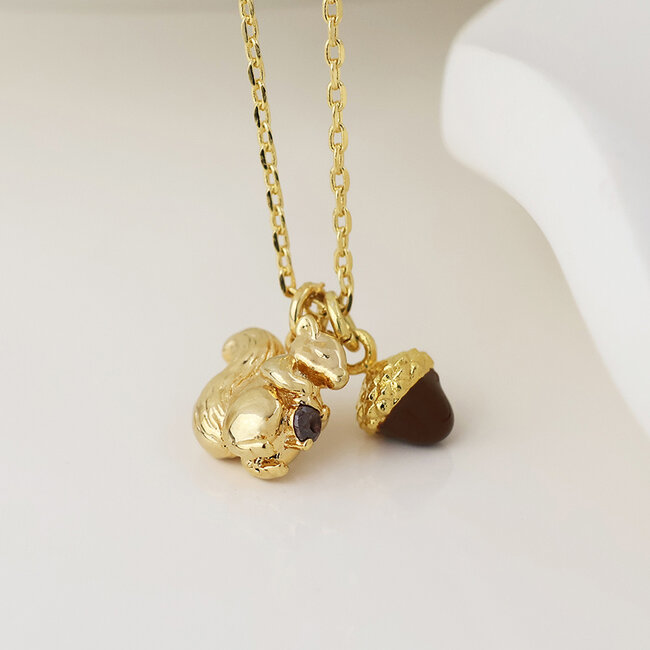 Gold plated Necklace Enamel Hazel Acorn and Squirrel