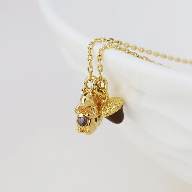 Gold plated Necklace Enamel Hazel Acorn and Squirrel
