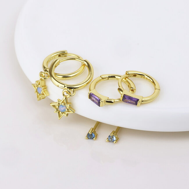 Gold plated Earring Set of 3 Crystals blue and purple