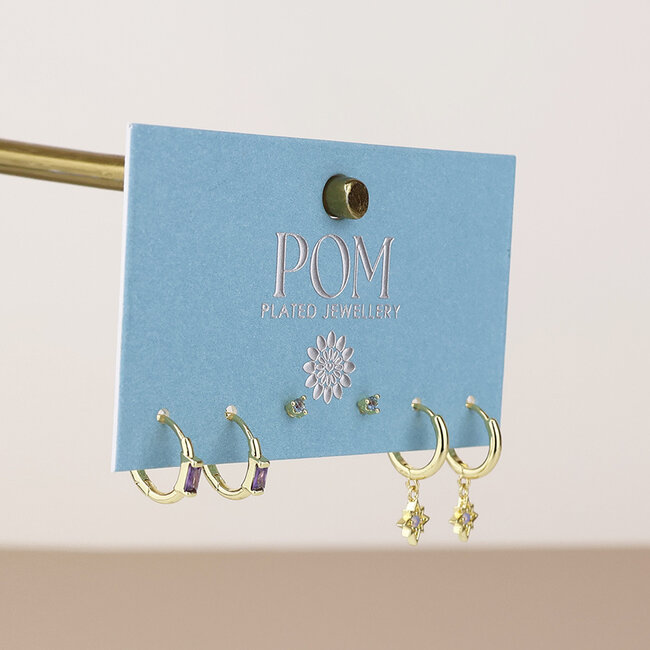 Gold plated Earring Set of 3 Crystals blue and purple