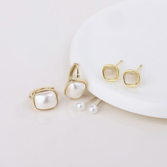 POM Gold plated Earring Set of 3 Tiffany Squares and Pearls