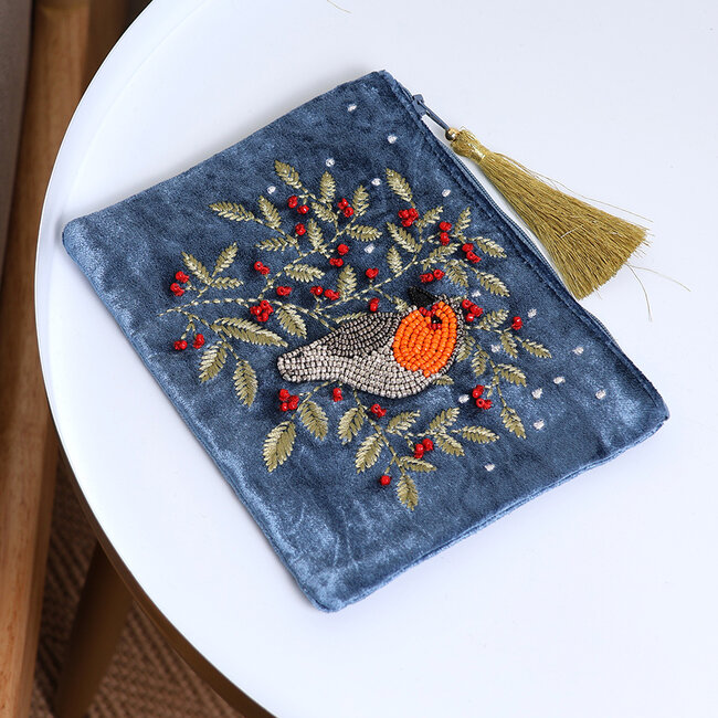 Zip Purse Velvet Embroidered Robin & Holly blue