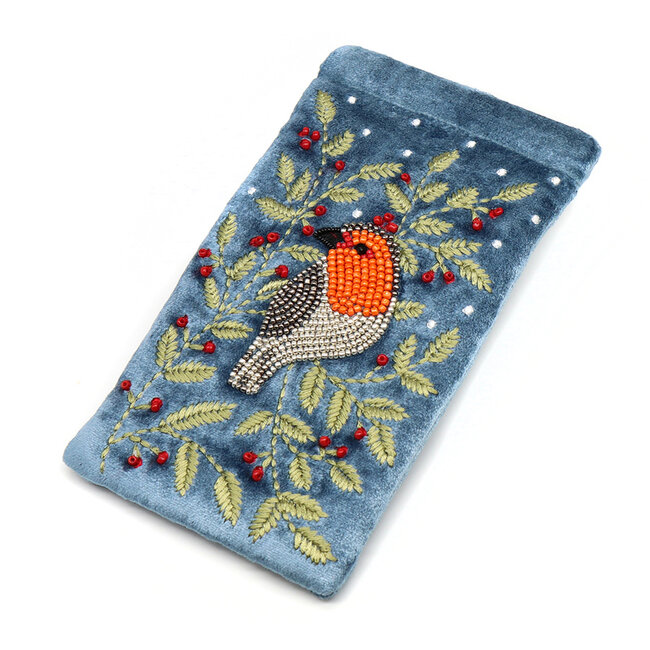 Glasses Case Velvet Embroidered Robin & Holly blue