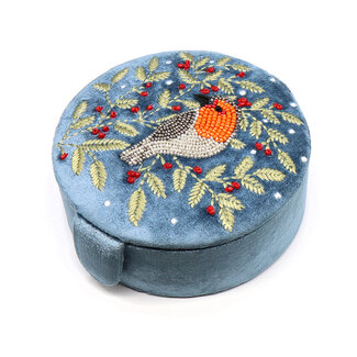 POM Jewellery Box round Velvet Embroidered Robin & Holly blue