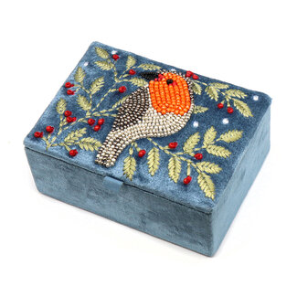 POM Jewellery Box small Velvet Embroidered Robin & Holly blue