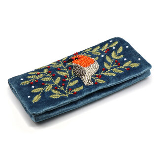POM Jewellery Roll Velvet Embroidered Robin & Holly blue