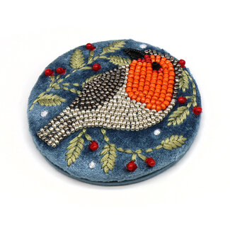 POM Compact Mirror Velvet Embroidered Robin & Holly blue