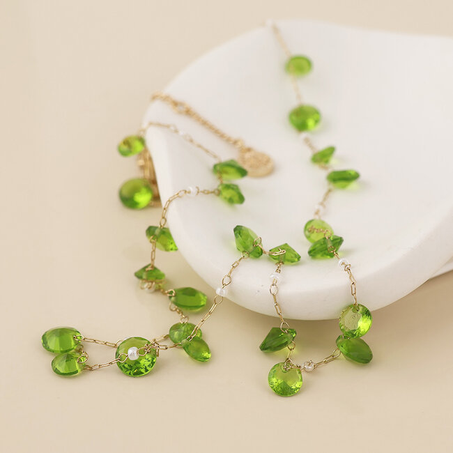 Gold plated Necklace Lyra green crystals and pearls
