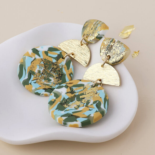 Gold plated Earrings Muse Terrazzo Triple Shape green mix
