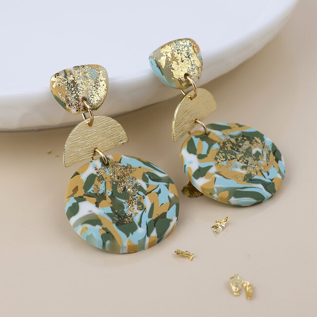 Gold plated Earrings Muse Terrazzo Triple Shape green mix