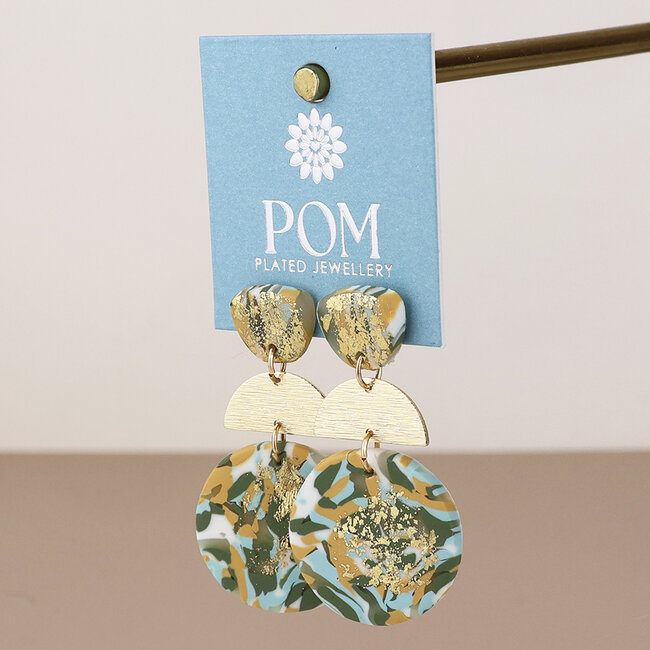 Gold plated Earrings Muse Terrazzo Triple Shape green mix