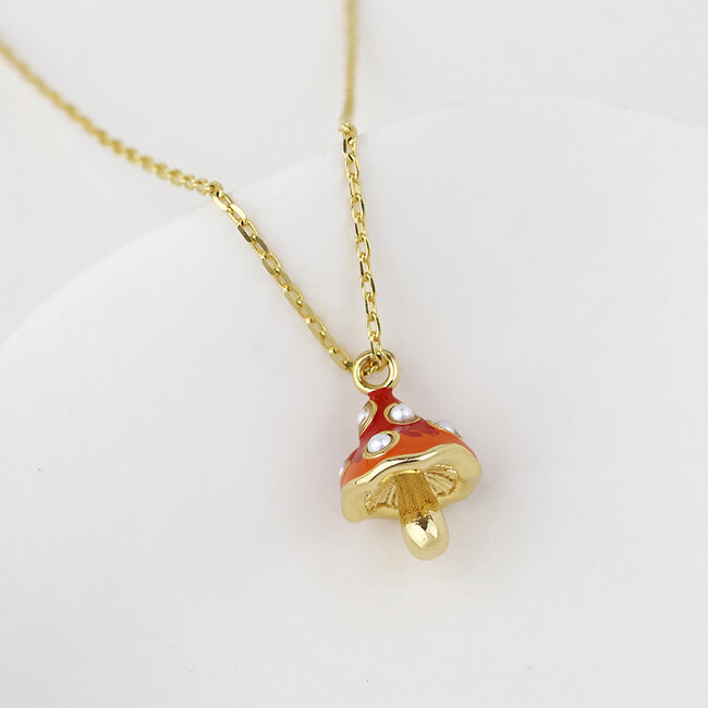 Gold plated Necklace Enamel Toadstool