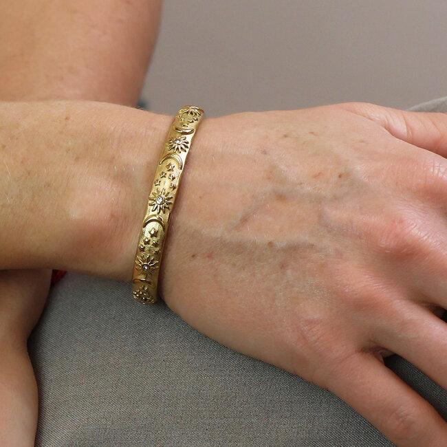 14k Gold plated waterproof Bangle Open Moon, Star and Sun