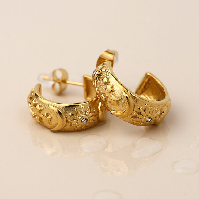14k Gold plated Earrings Hoop Moon, Star and Sun