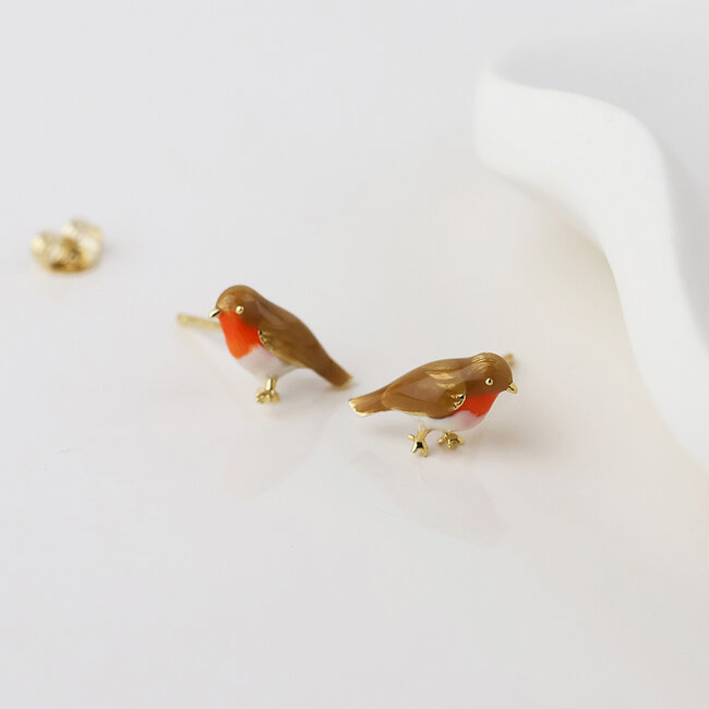 Gold plated Stud Earrings Enamel Robin