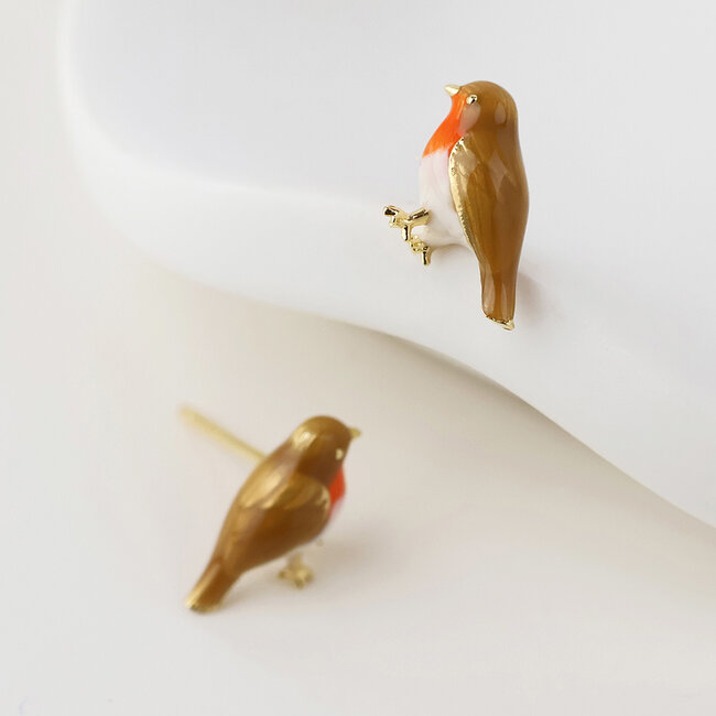 Gold plated Stud Earrings Enamel Robin