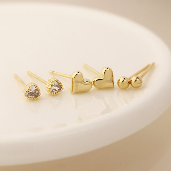 Gold plated Stud Set of 3 Bead and Hearts