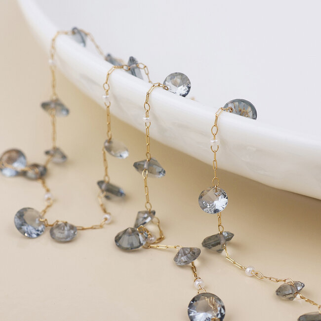 Gold plated Necklace Lyra smokey crystals and pearls