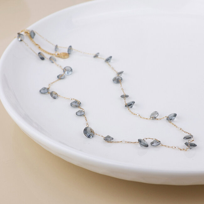 Gold plated Necklace Lyra smokey crystals and pearls