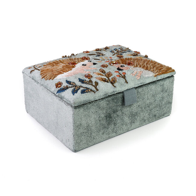 Jewellery Box small Velvet Embroidered Hedgehogs blue/grey