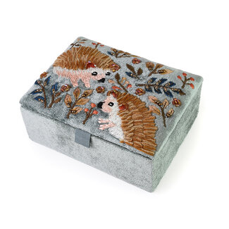 POM Jewellery Box small Velvet Embroidered Hedgehogs blue/grey