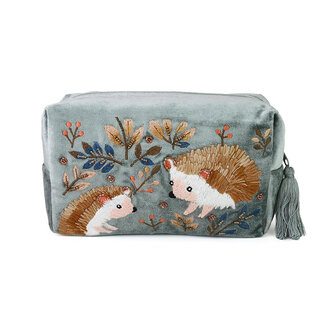 POM Wash Bag Velvet Embroidered Hedgehogs blue/grey