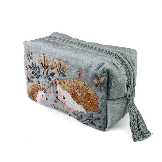 Wash Bag Velvet Embroidered Hedgehogs blue/grey