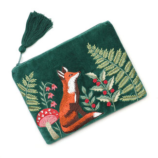 POM Zip Purse Velvet Embroidered Festive Fox deep green