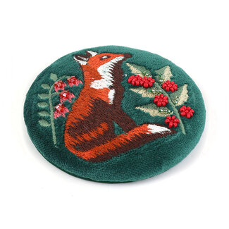 POM Compact Mirror Velvet Embroidered Festive Fox deep green