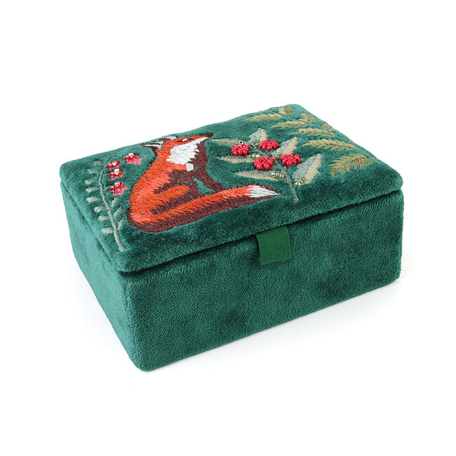 Jewellery Box small Velvet Embroidered Festive Fox deep green