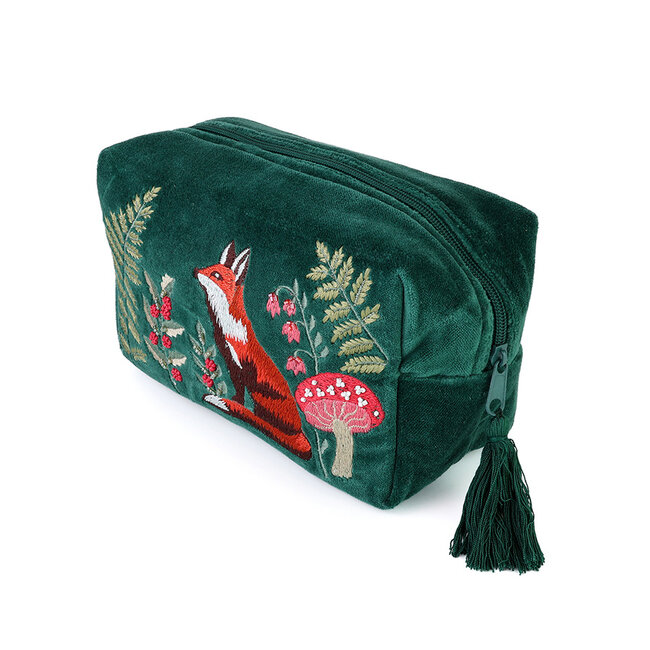 Wash Bag Velvet Embroidered Festive Fox deep green