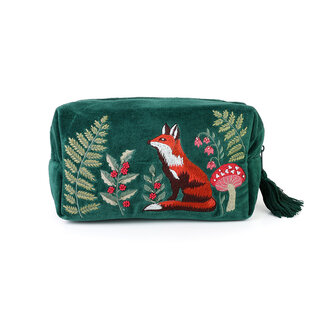 POM Wash Bag Velvet Embroidered Festive Fox deep green