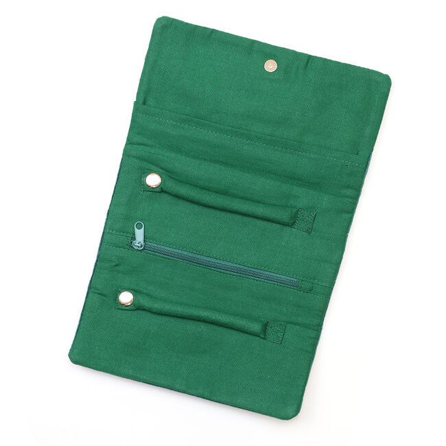 Jewellery Roll Velvet Embroidered Festive Fox deep green