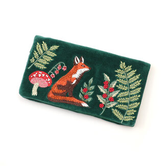 POM Jewellery Roll Velvet Embroidered Festive Fox deep green