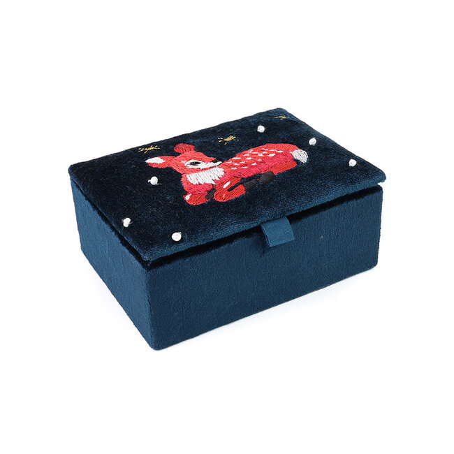 Jewellery Box small Velvet Embroidered Forest Fawn navy blue