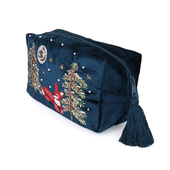 Wash Bag Velvet Embroidered Forest fawn navy blue