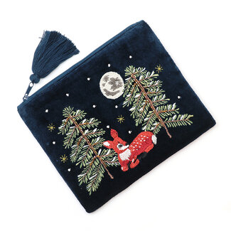 POM Zip Purse Velvet Embroidered Forest Fawn navy blue