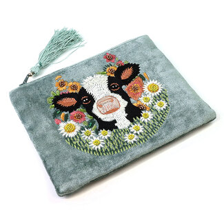POM Zip Purse Velvet Embroidered Meadow & Cow grey/green